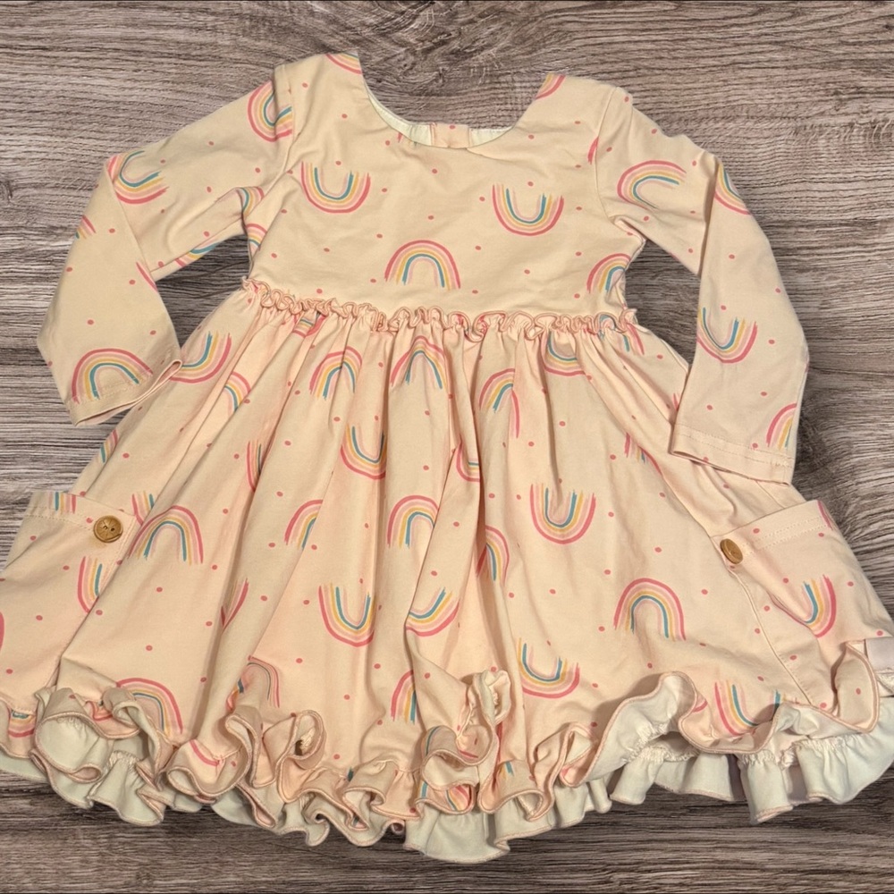SweetHoney Rainbow Long Sleeve Twirl Dress Girls 2T Ruffle Hem Pockets Pastel
